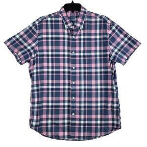 J.Crew Button Up Shirt Men’s Medium Pink Navy Plaid Oxford Short Sleeve Slim Fit